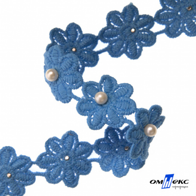 Тесьма вязанная "Цветок с бусиной" 187, шир. 29 мм/уп. 13,7+/-1 м, цвет голубой - купить в Дербенте. Цена: 1 084.20 руб.